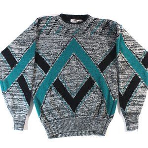 Vintage Geometric Black Teal and Grey Sweater